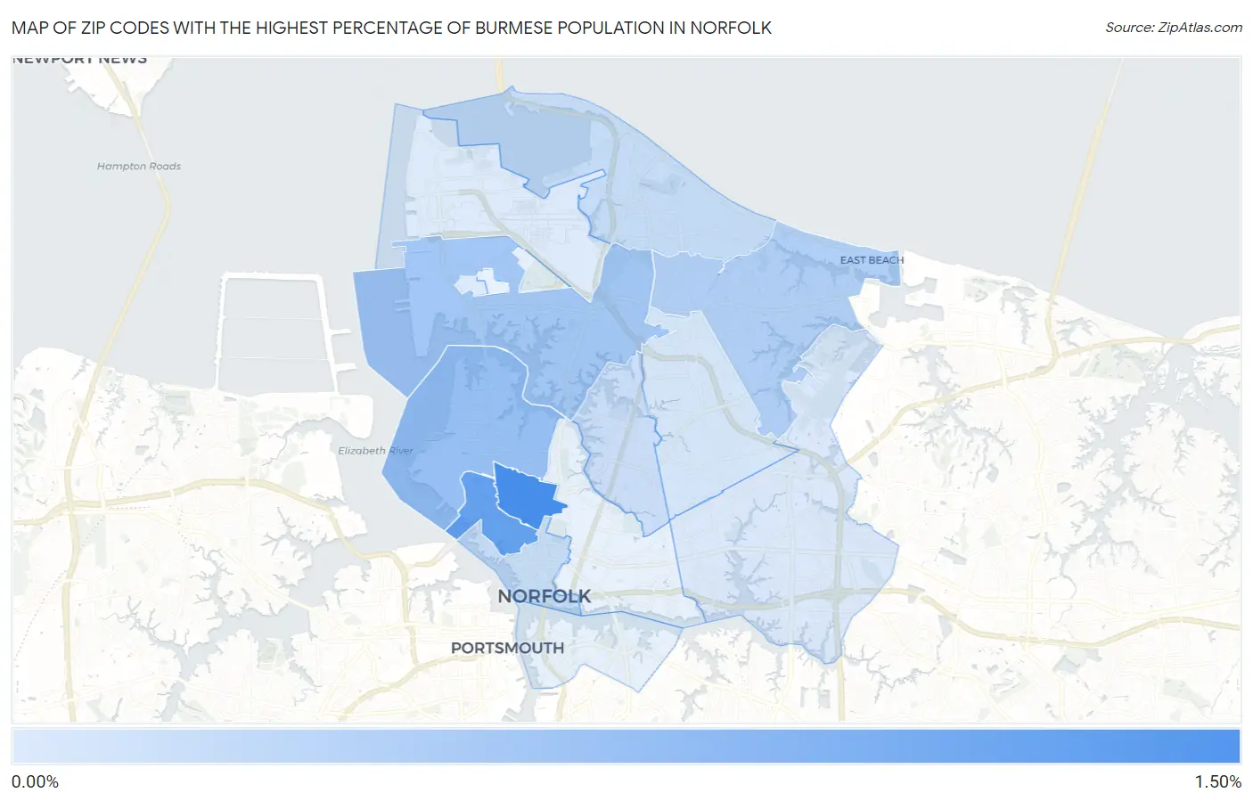 Zip Codes with the Highest Percentage of Burmese Population in Norfolk Map