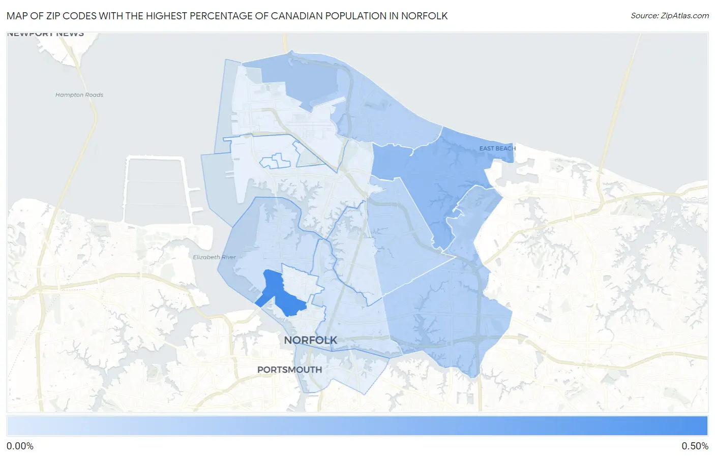 Zip Codes with the Highest Percentage of Canadian Population in Norfolk Map