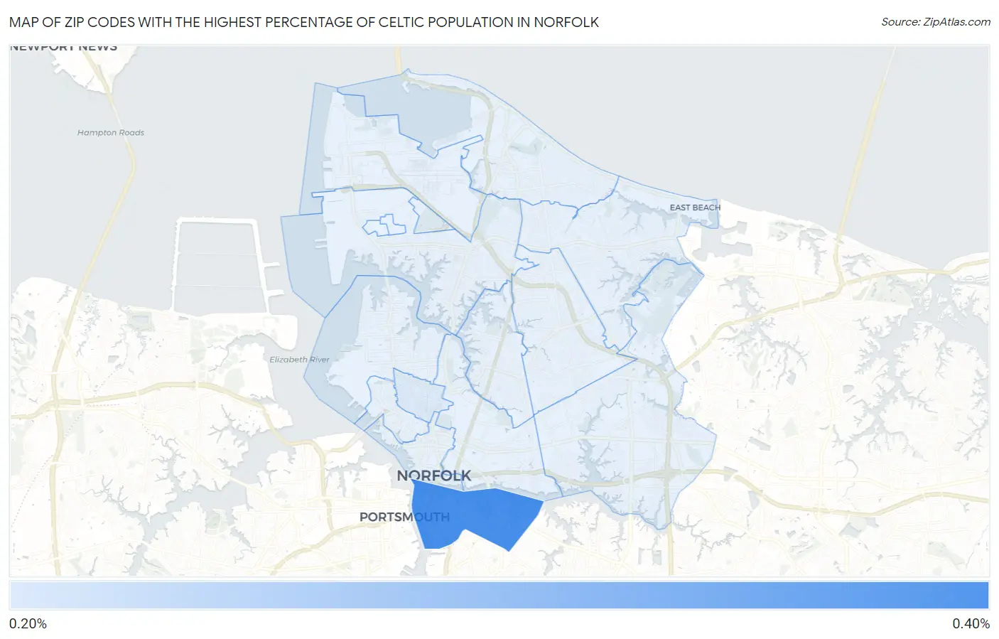 Zip Codes with the Highest Percentage of Celtic Population in Norfolk Map