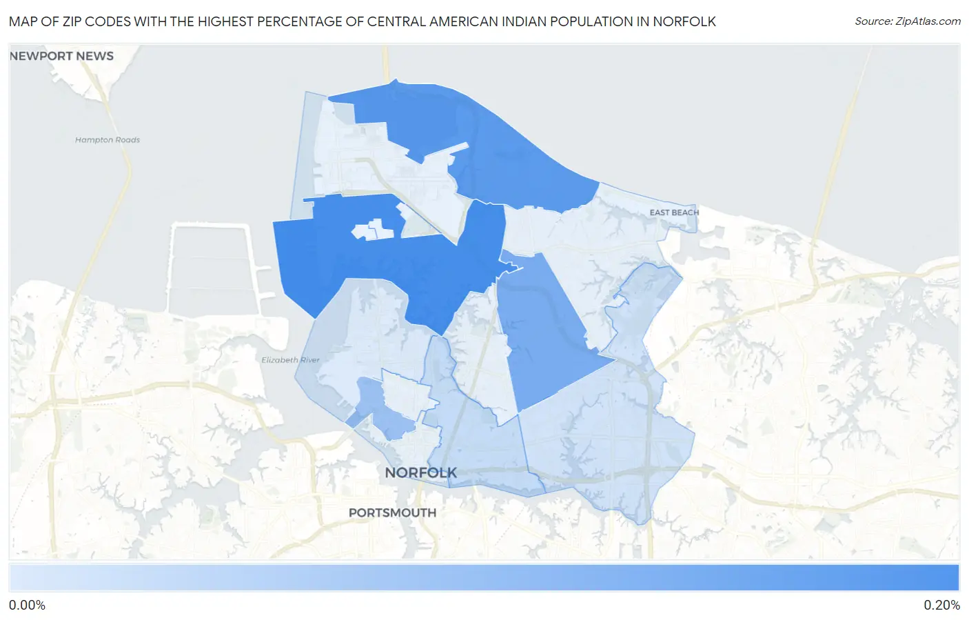 Zip Codes with the Highest Percentage of Central American Indian Population in Norfolk Map