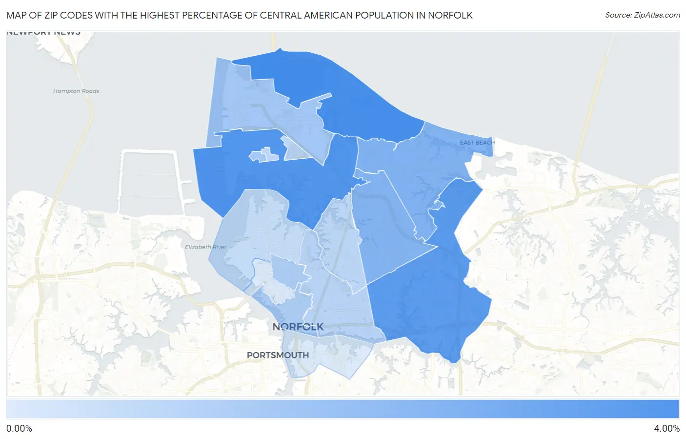 Zip Codes with the Highest Percentage of Central American Population in Norfolk Map