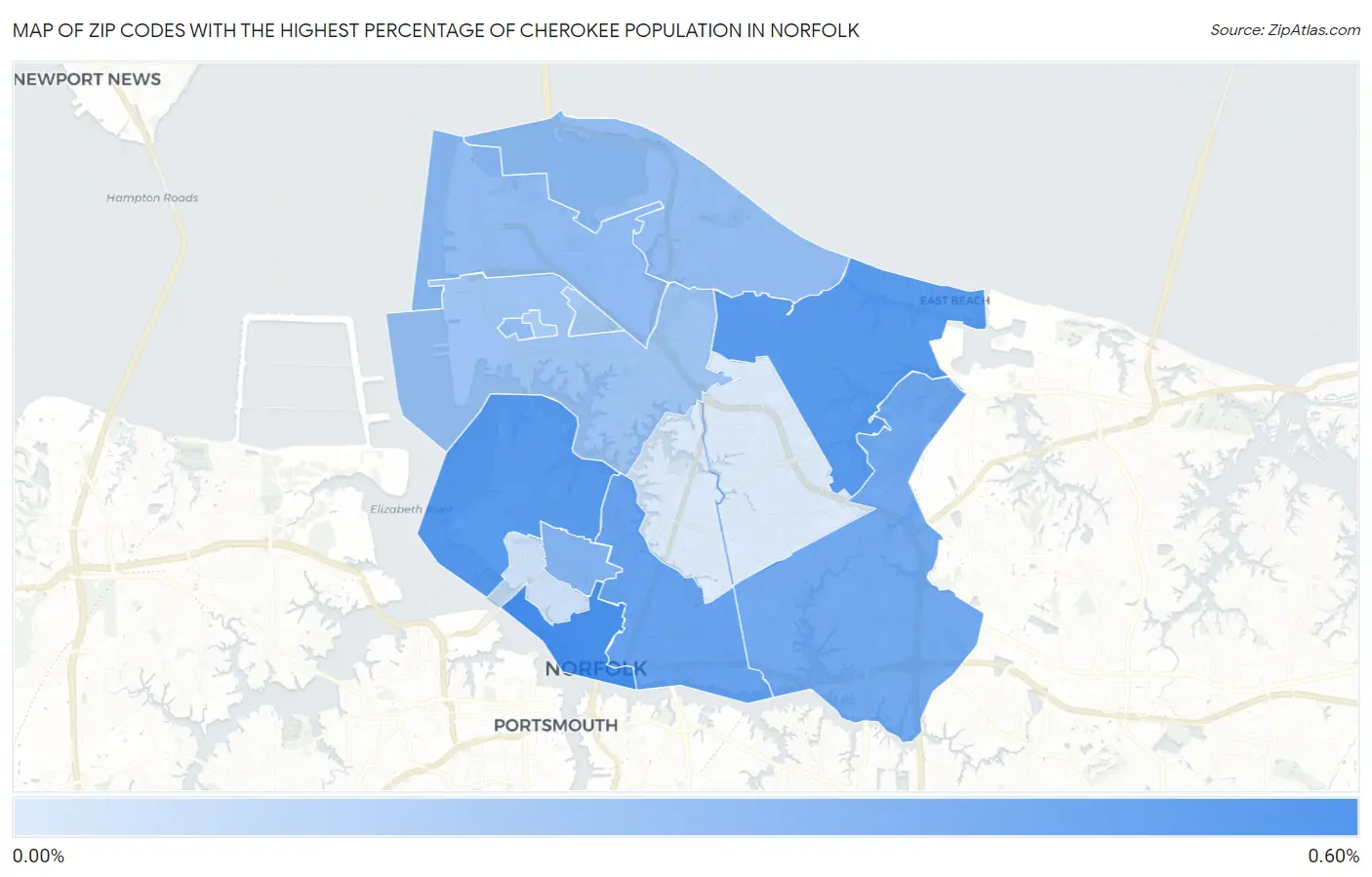 Zip Codes with the Highest Percentage of Cherokee Population in Norfolk Map