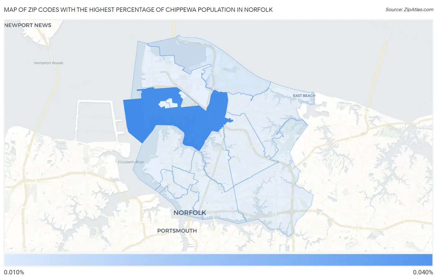 Zip Codes with the Highest Percentage of Chippewa Population in Norfolk Map