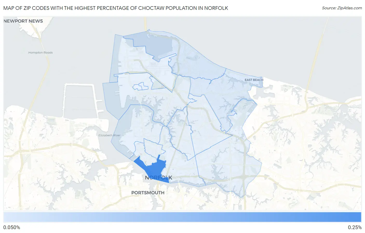 Zip Codes with the Highest Percentage of Choctaw Population in Norfolk Map