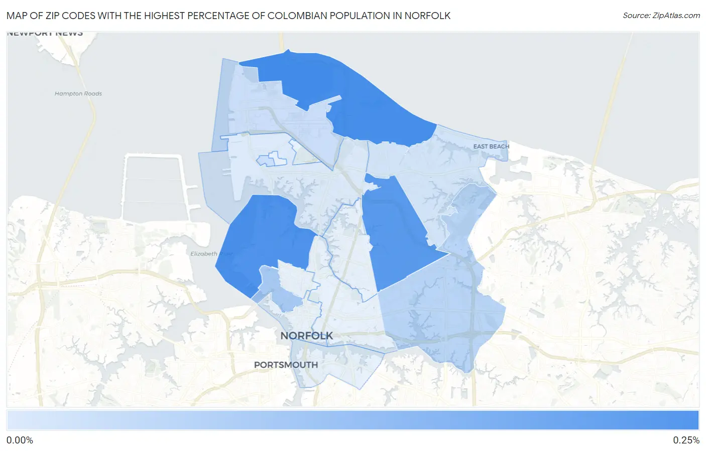 Zip Codes with the Highest Percentage of Colombian Population in Norfolk Map