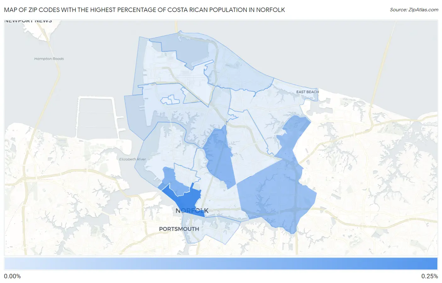 Zip Codes with the Highest Percentage of Costa Rican Population in Norfolk Map