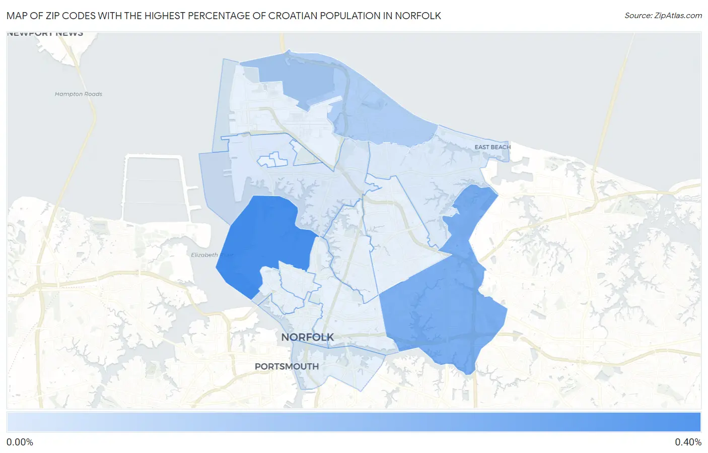 Zip Codes with the Highest Percentage of Croatian Population in Norfolk Map