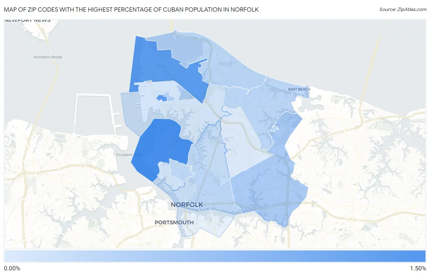 Zip Codes with the Highest Percentage of Cuban Population in Norfolk Map