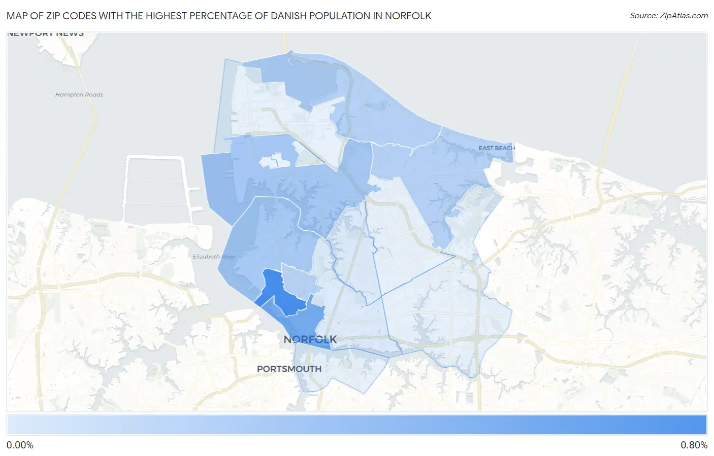 Zip Codes with the Highest Percentage of Danish Population in Norfolk Map