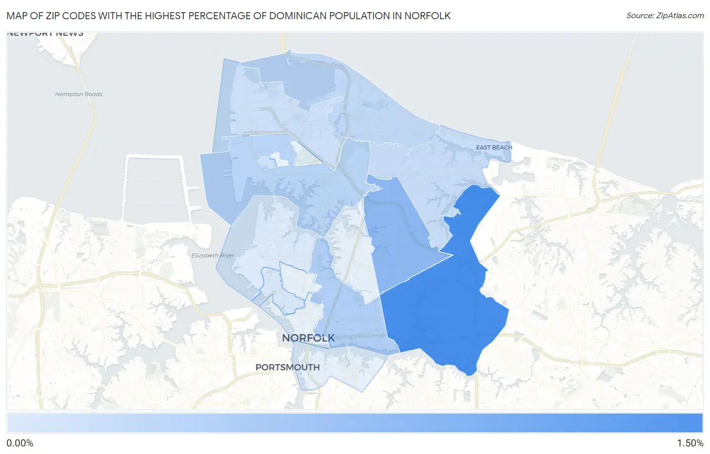 Zip Codes with the Highest Percentage of Dominican Population in Norfolk Map
