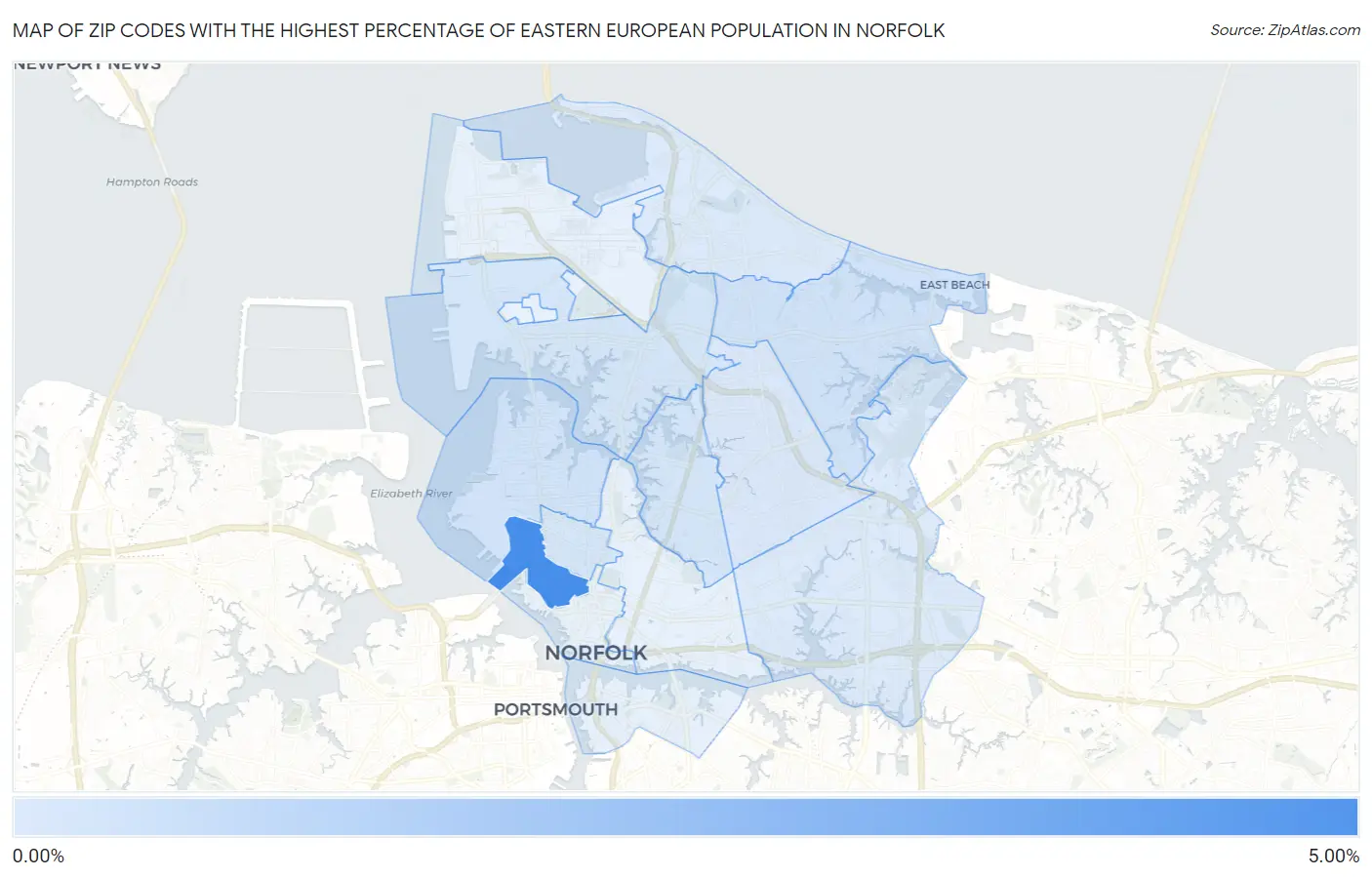 Zip Codes with the Highest Percentage of Eastern European Population in Norfolk Map