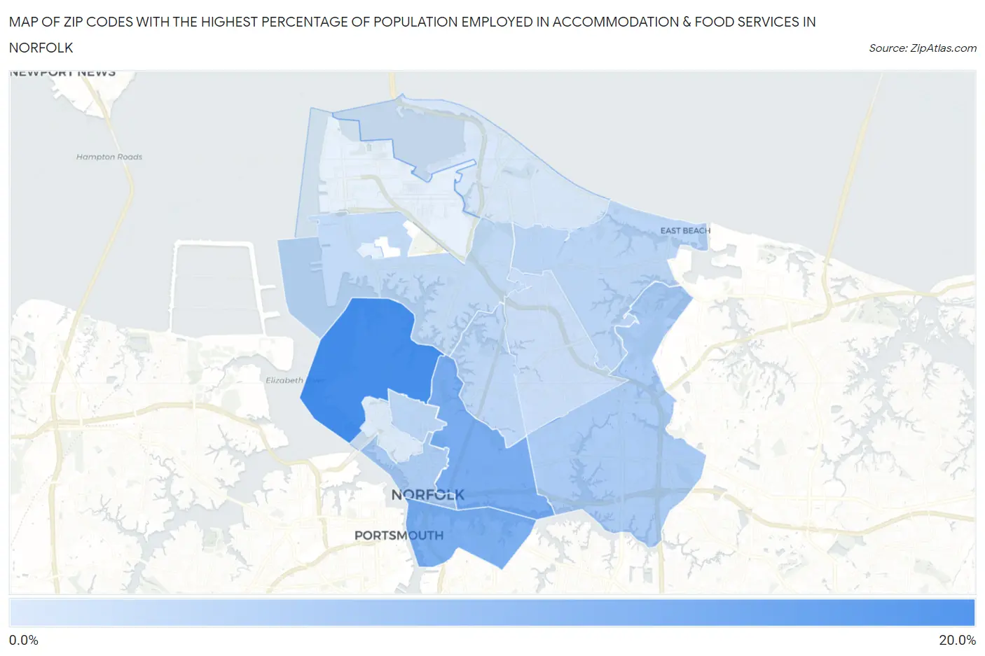 Zip Codes with the Highest Percentage of Population Employed in Accommodation & Food Services in Norfolk Map