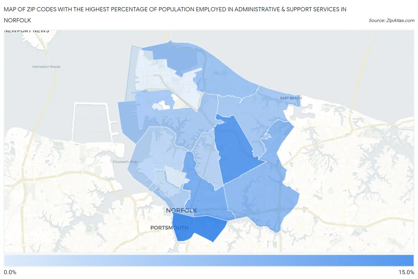 Zip Codes with the Highest Percentage of Population Employed in Administrative & Support Services in Norfolk Map