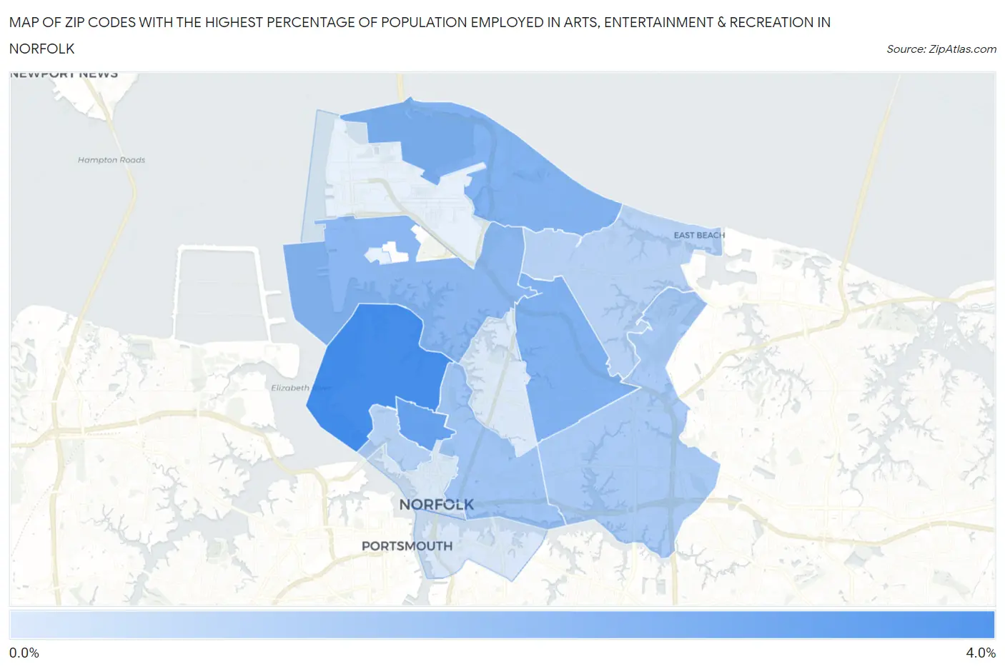 Zip Codes with the Highest Percentage of Population Employed in Arts, Entertainment & Recreation in Norfolk Map