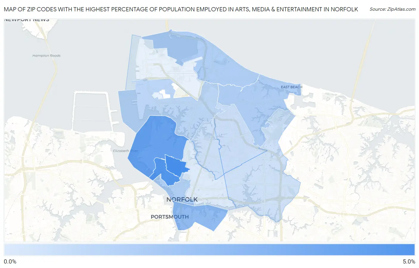 Zip Codes with the Highest Percentage of Population Employed in Arts, Media & Entertainment in Norfolk Map