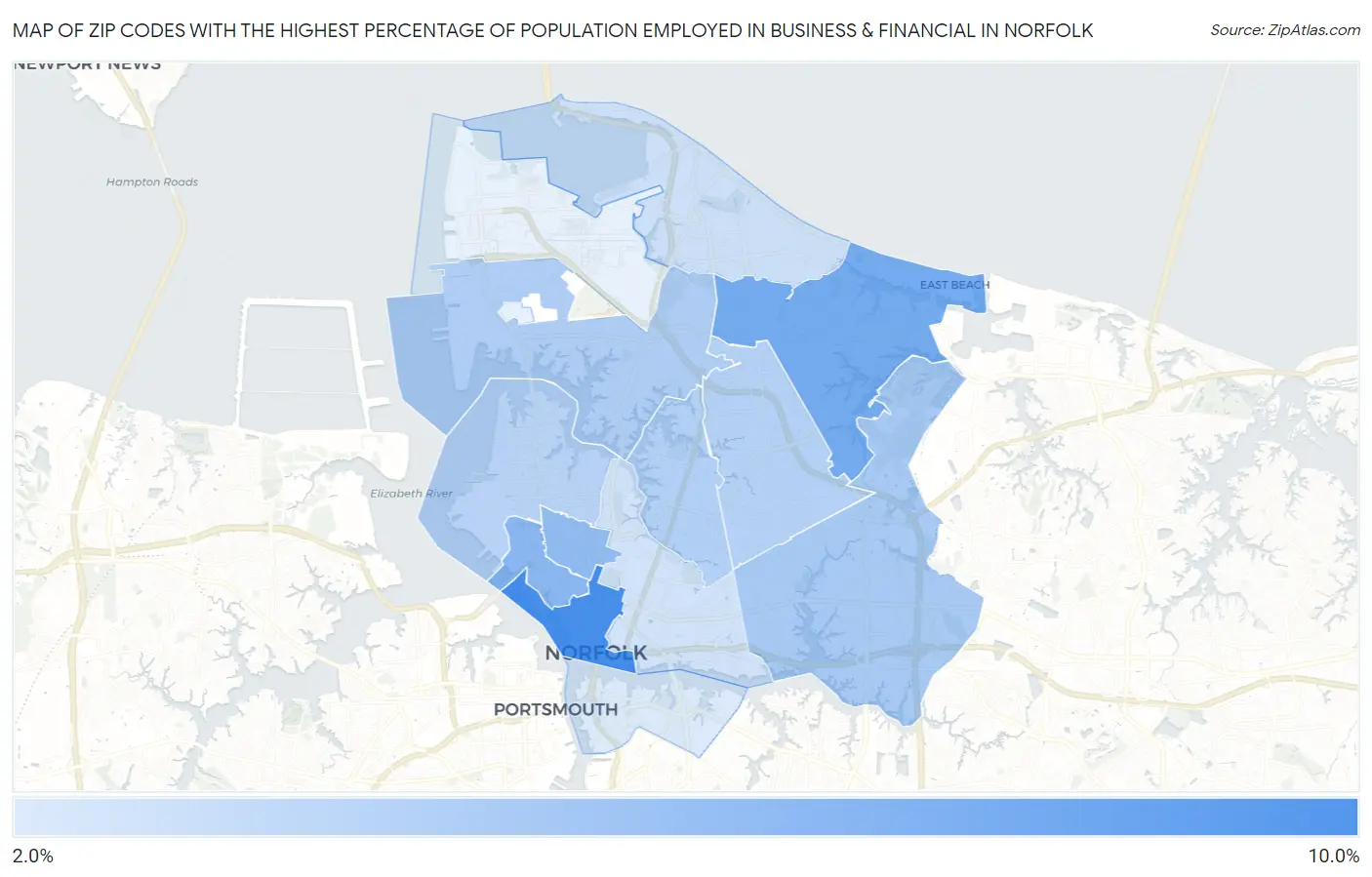 Zip Codes with the Highest Percentage of Population Employed in Business & Financial in Norfolk Map