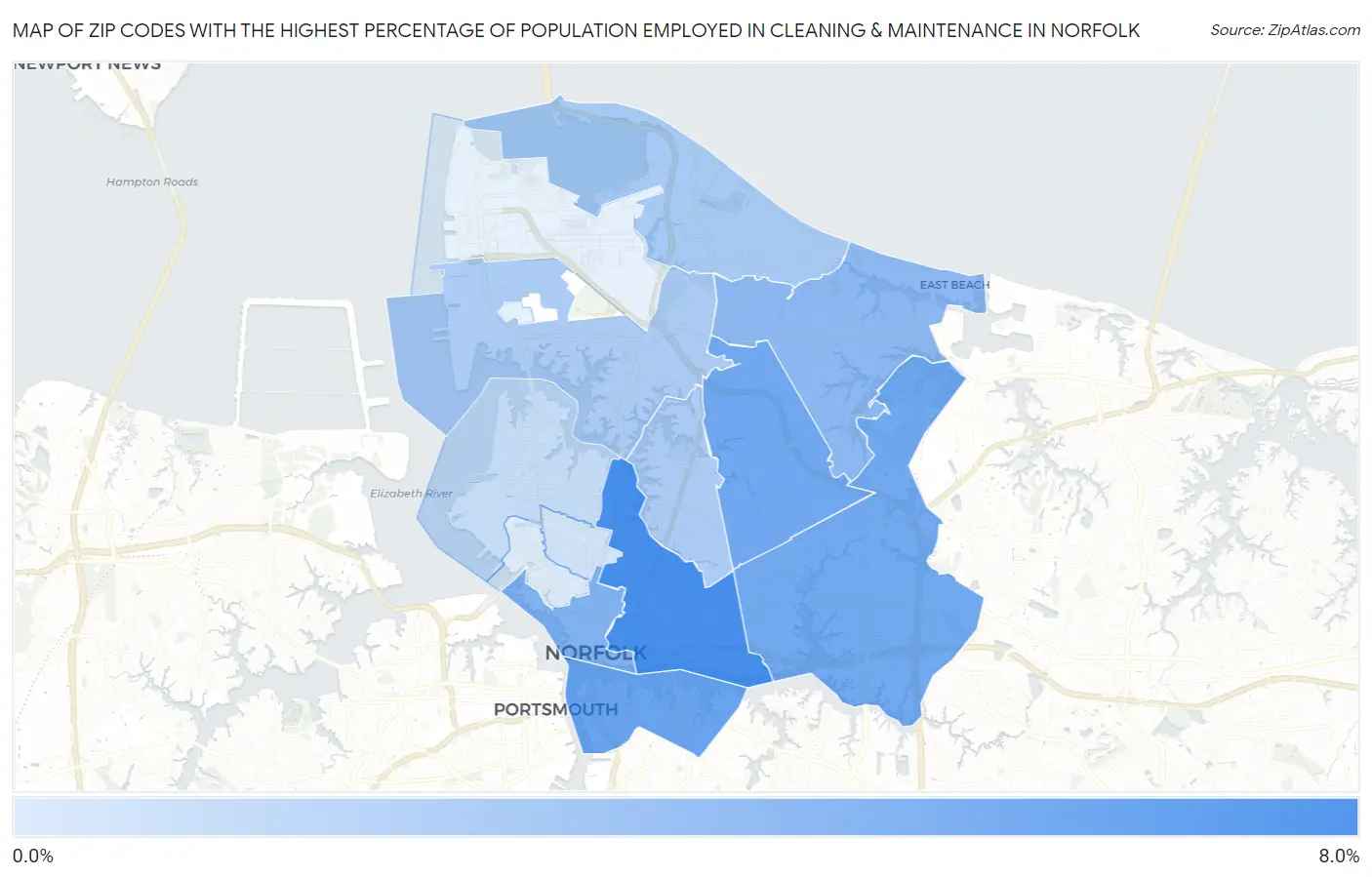 Zip Codes with the Highest Percentage of Population Employed in Cleaning & Maintenance in Norfolk Map