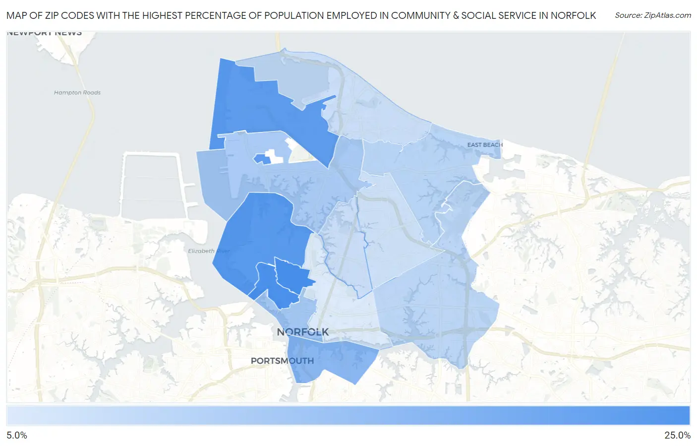 Zip Codes with the Highest Percentage of Population Employed in Community & Social Service  in Norfolk Map