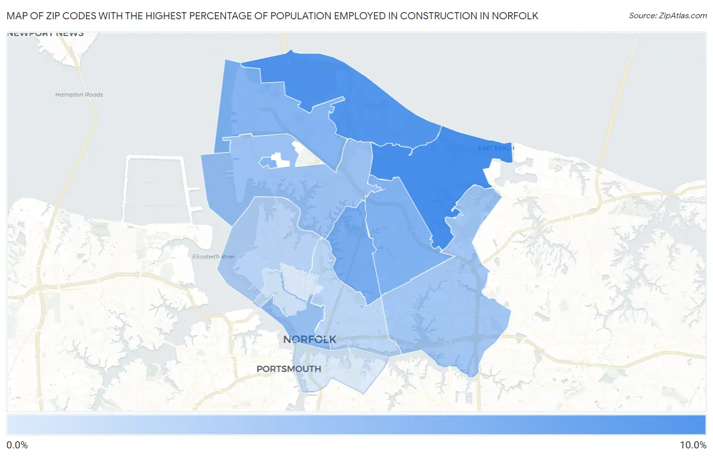 Zip Codes with the Highest Percentage of Population Employed in Construction in Norfolk Map