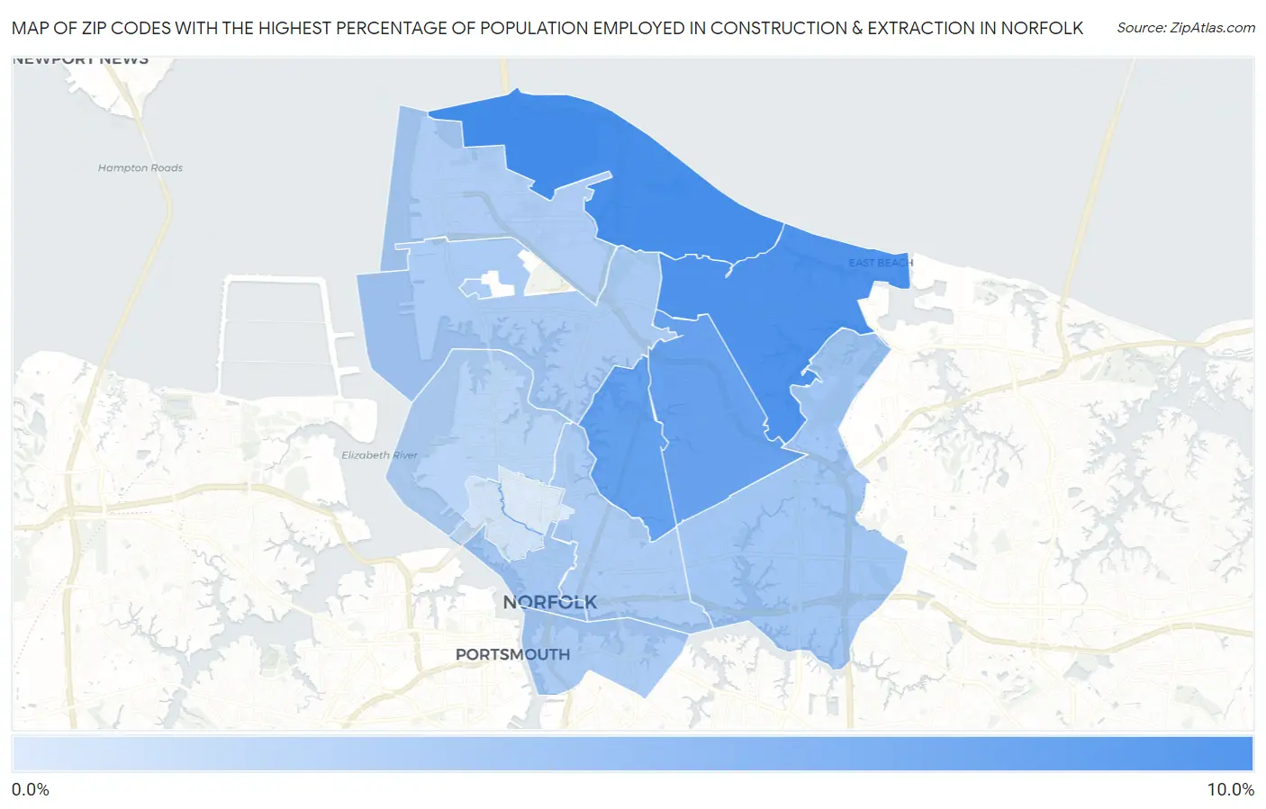 Zip Codes with the Highest Percentage of Population Employed in Construction & Extraction in Norfolk Map