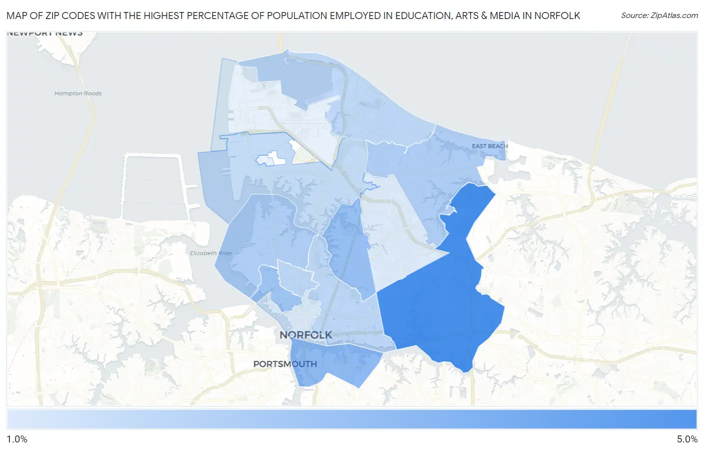 Zip Codes with the Highest Percentage of Population Employed in Education, Arts & Media in Norfolk Map