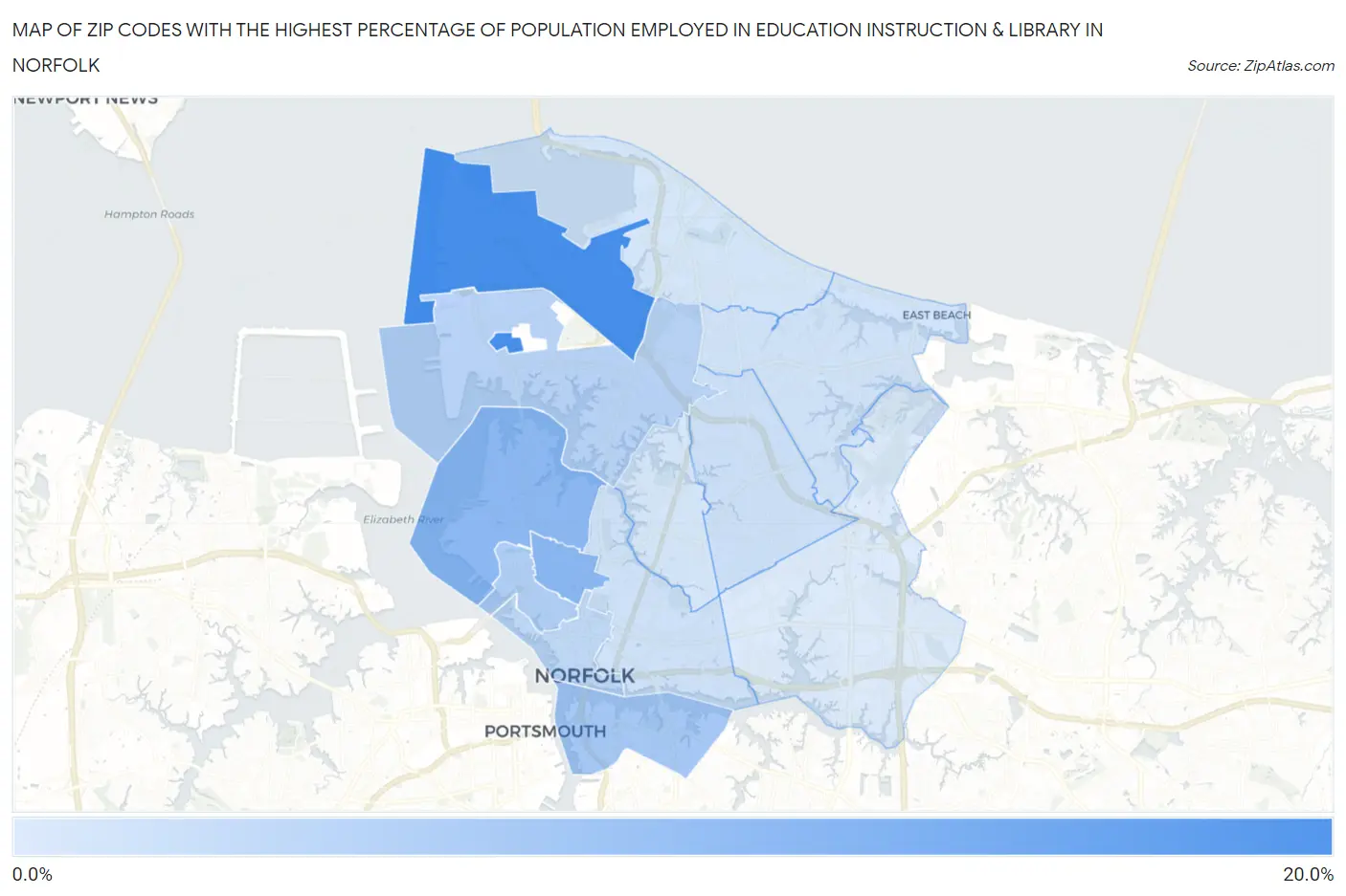 Zip Codes with the Highest Percentage of Population Employed in Education Instruction & Library in Norfolk Map