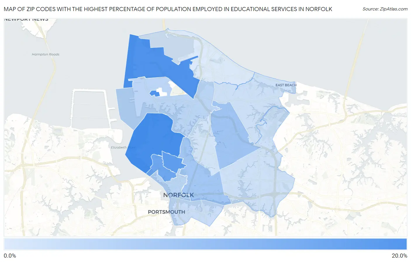 Zip Codes with the Highest Percentage of Population Employed in Educational Services in Norfolk Map