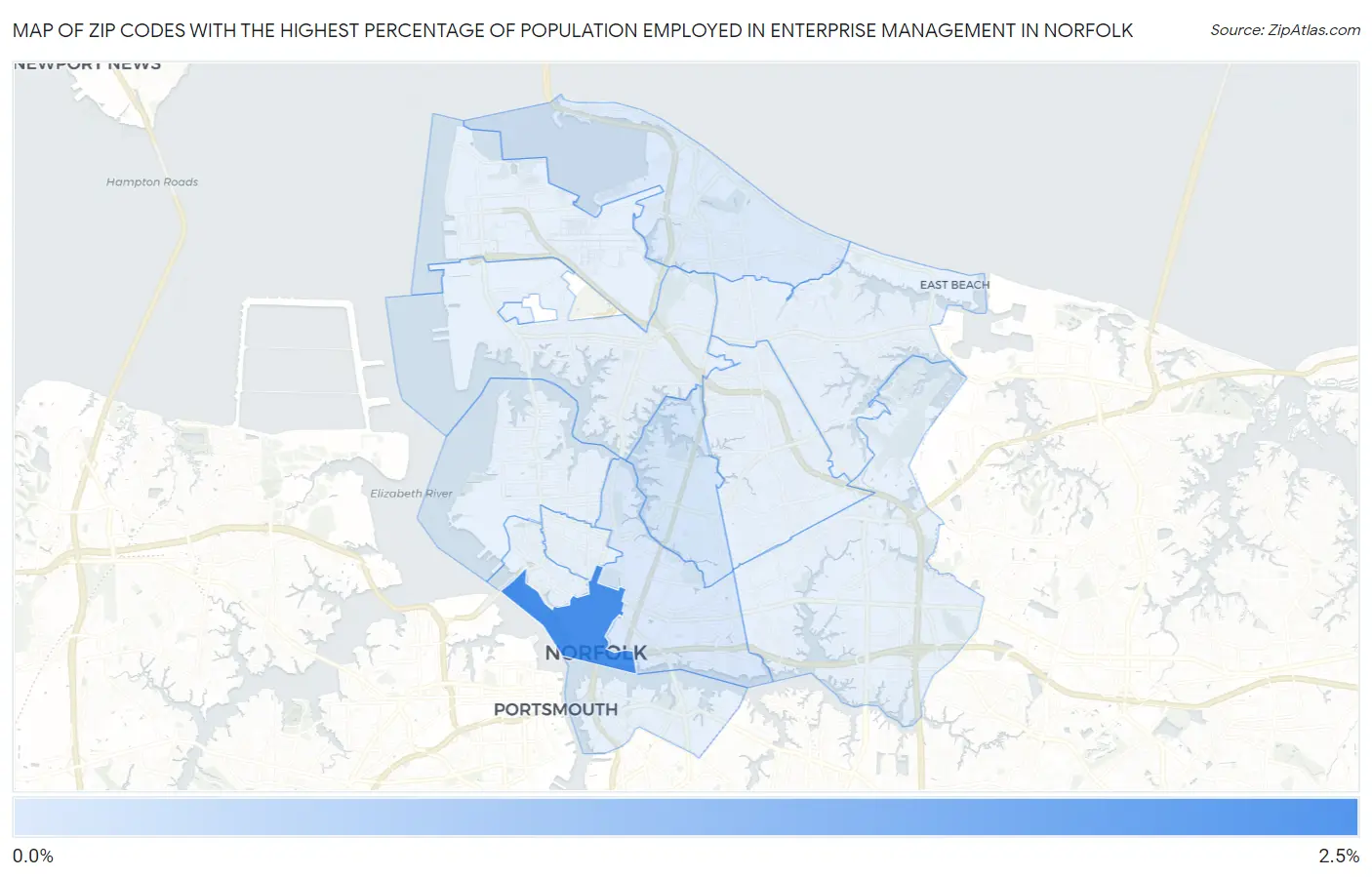Zip Codes with the Highest Percentage of Population Employed in Enterprise Management in Norfolk Map