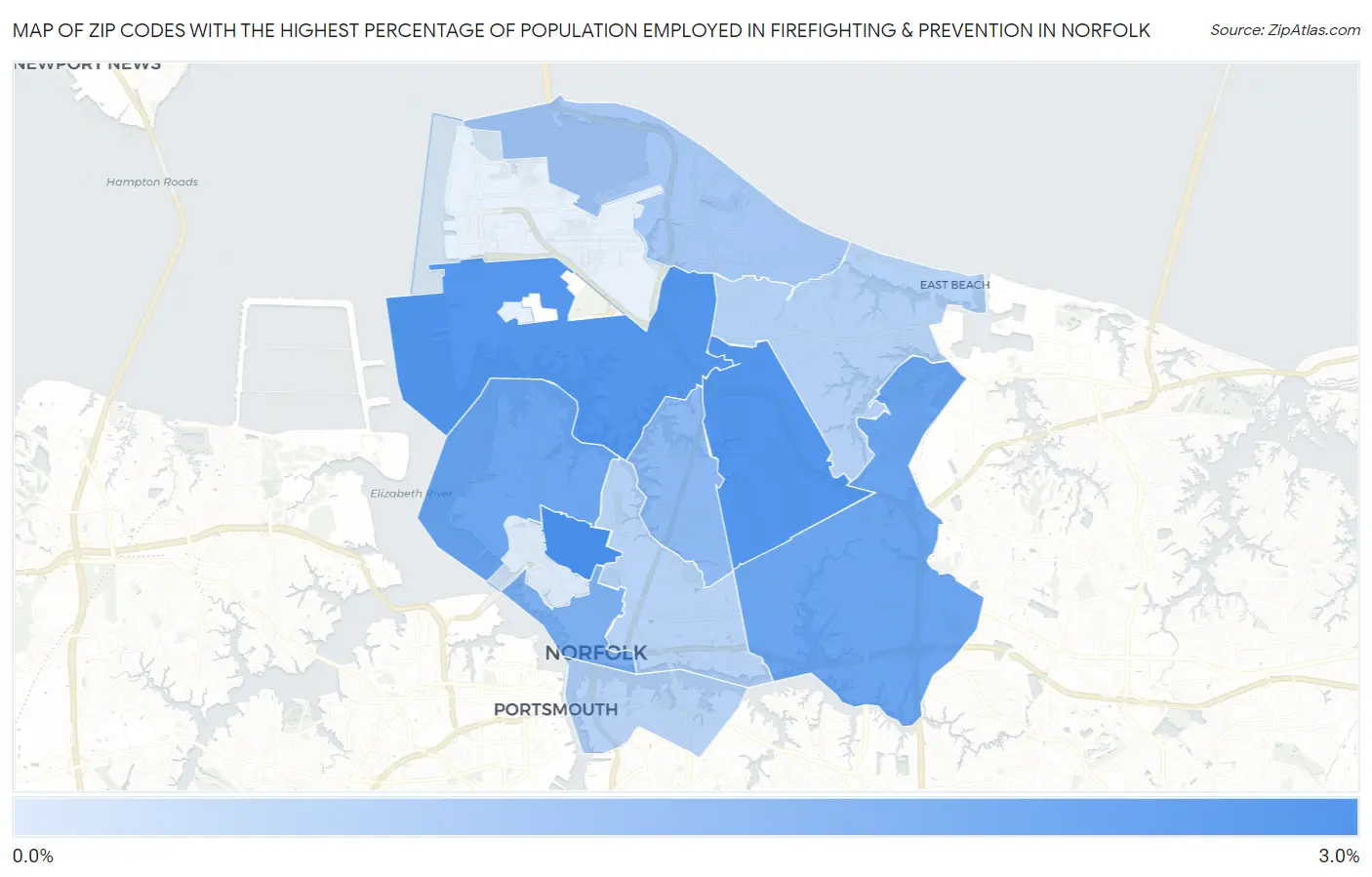 Zip Codes with the Highest Percentage of Population Employed in Firefighting & Prevention in Norfolk Map