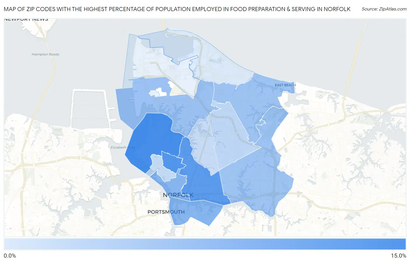 Zip Codes with the Highest Percentage of Population Employed in Food Preparation & Serving in Norfolk Map