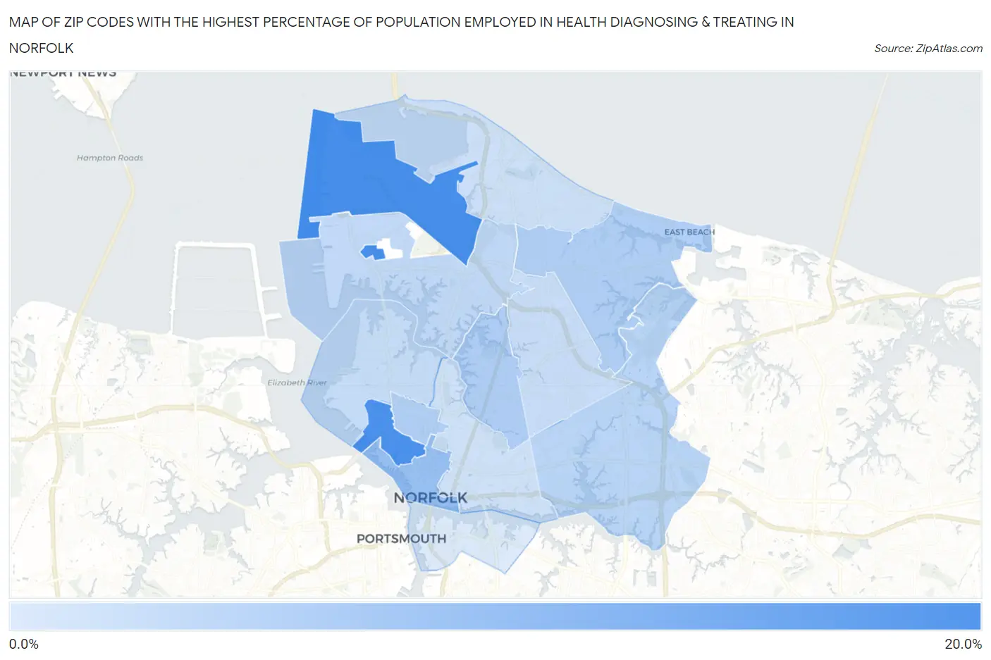 Zip Codes with the Highest Percentage of Population Employed in Health Diagnosing & Treating in Norfolk Map