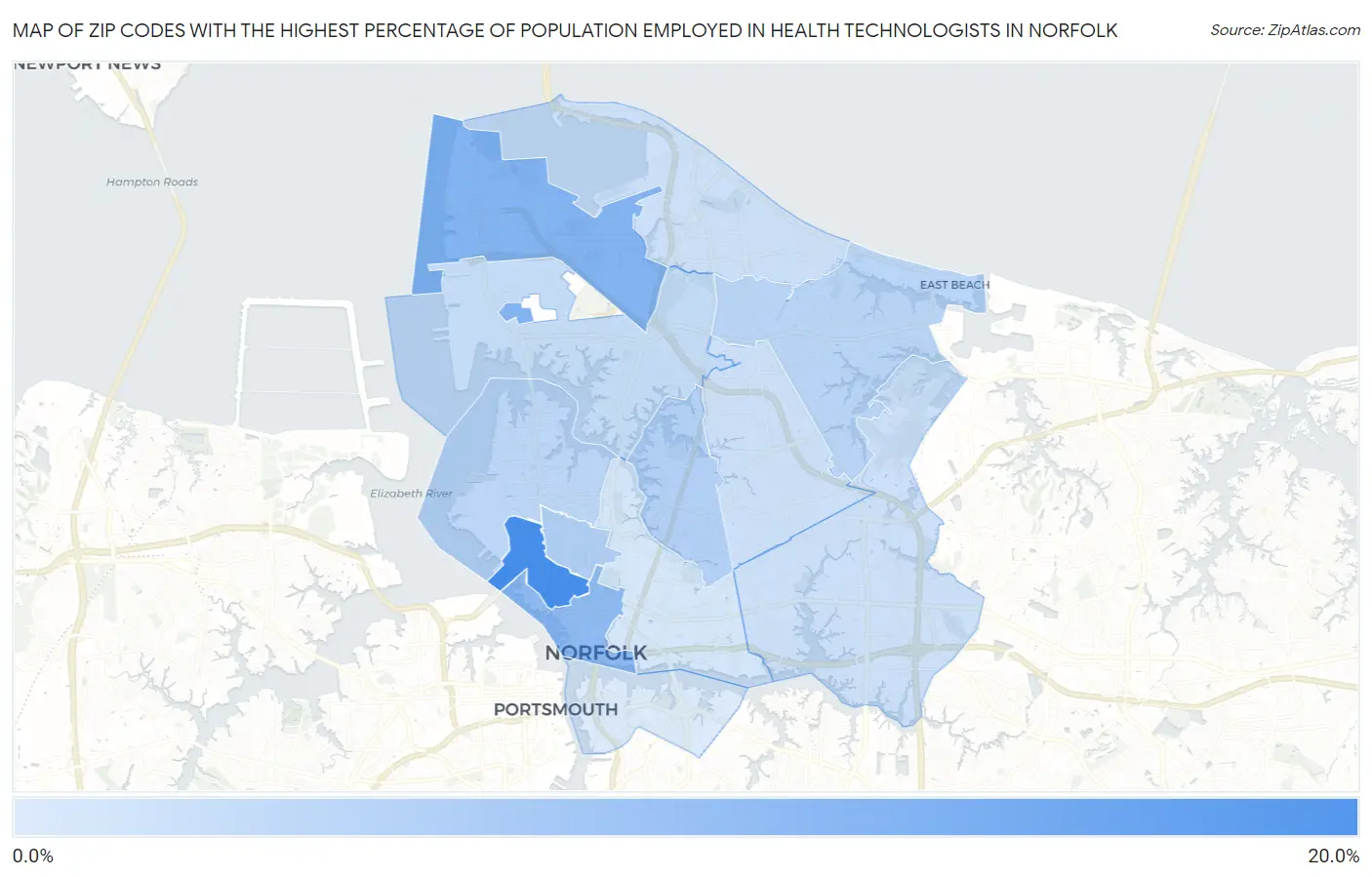 Zip Codes with the Highest Percentage of Population Employed in Health Technologists in Norfolk Map