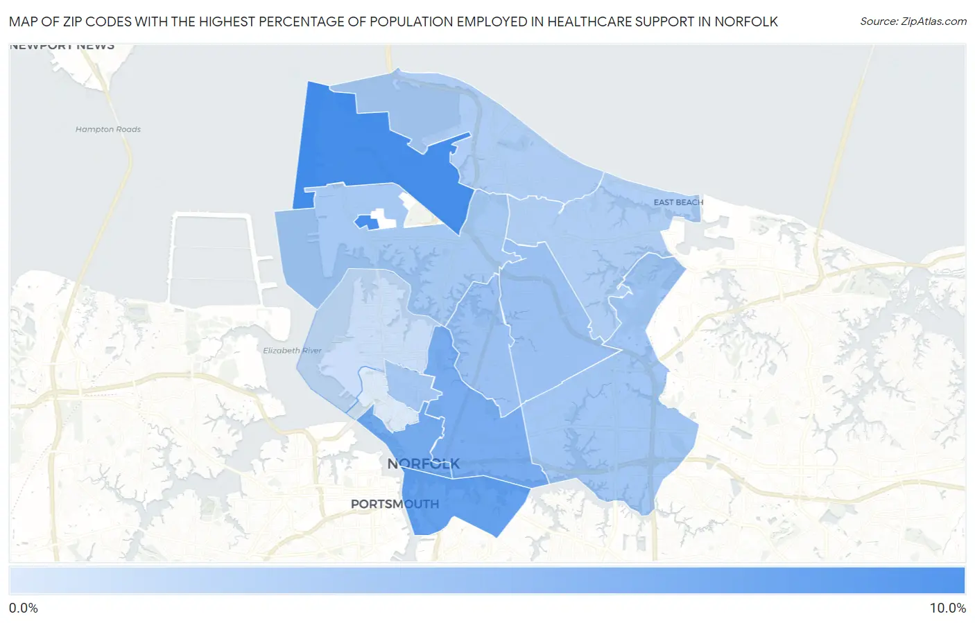 Zip Codes with the Highest Percentage of Population Employed in Healthcare Support in Norfolk Map