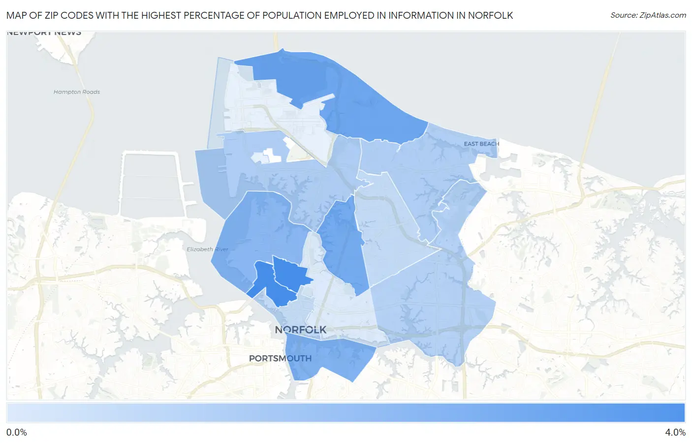 Zip Codes with the Highest Percentage of Population Employed in Information in Norfolk Map