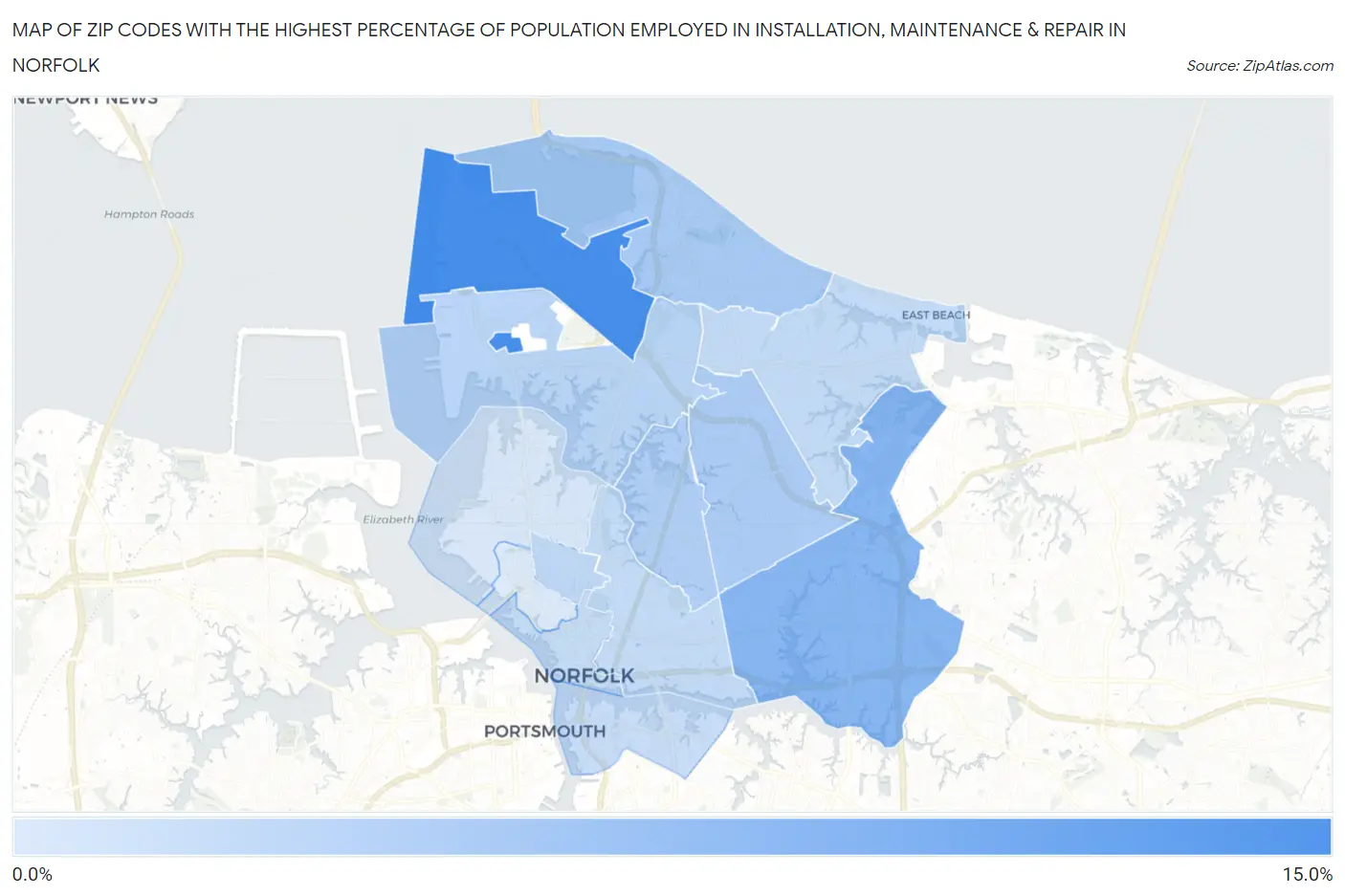 Zip Codes with the Highest Percentage of Population Employed in Installation, Maintenance & Repair in Norfolk Map