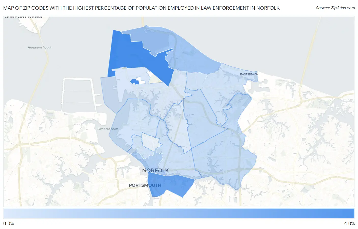 Zip Codes with the Highest Percentage of Population Employed in Law Enforcement in Norfolk Map