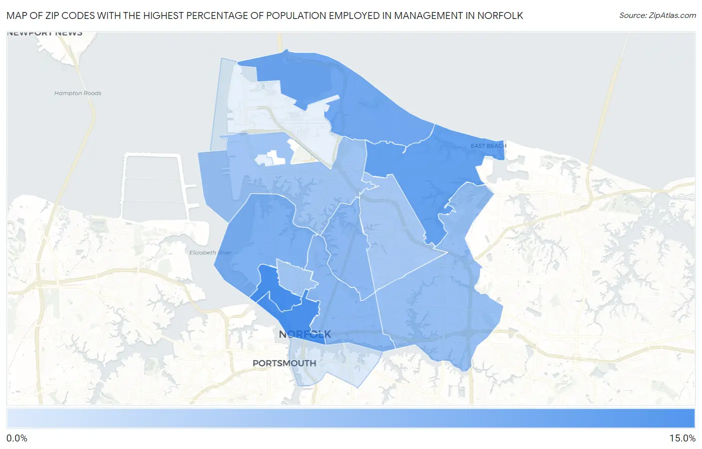 Zip Codes with the Highest Percentage of Population Employed in Management in Norfolk Map