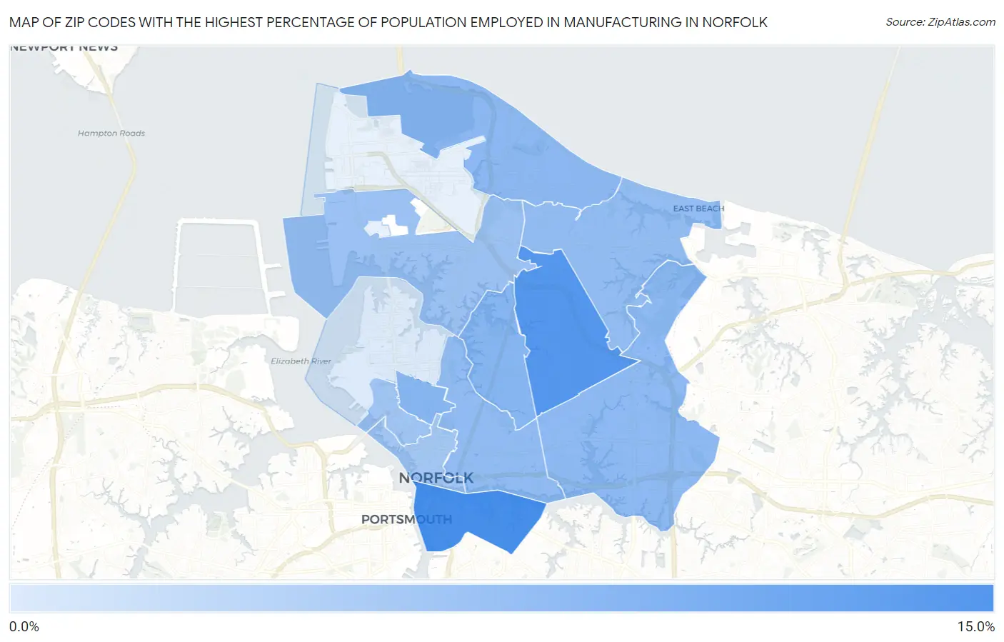 Zip Codes with the Highest Percentage of Population Employed in Manufacturing in Norfolk Map