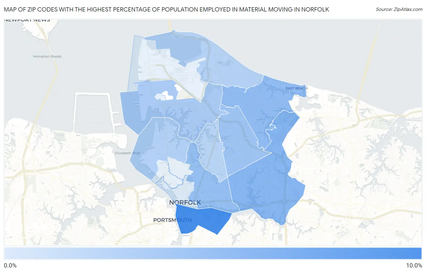 Zip Codes with the Highest Percentage of Population Employed in Material Moving in Norfolk Map