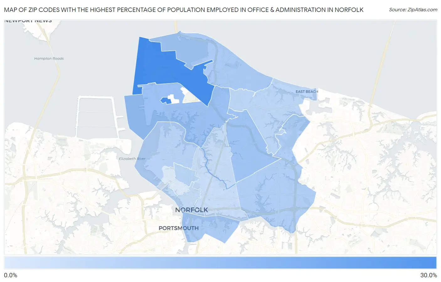 Zip Codes with the Highest Percentage of Population Employed in Office & Administration in Norfolk Map