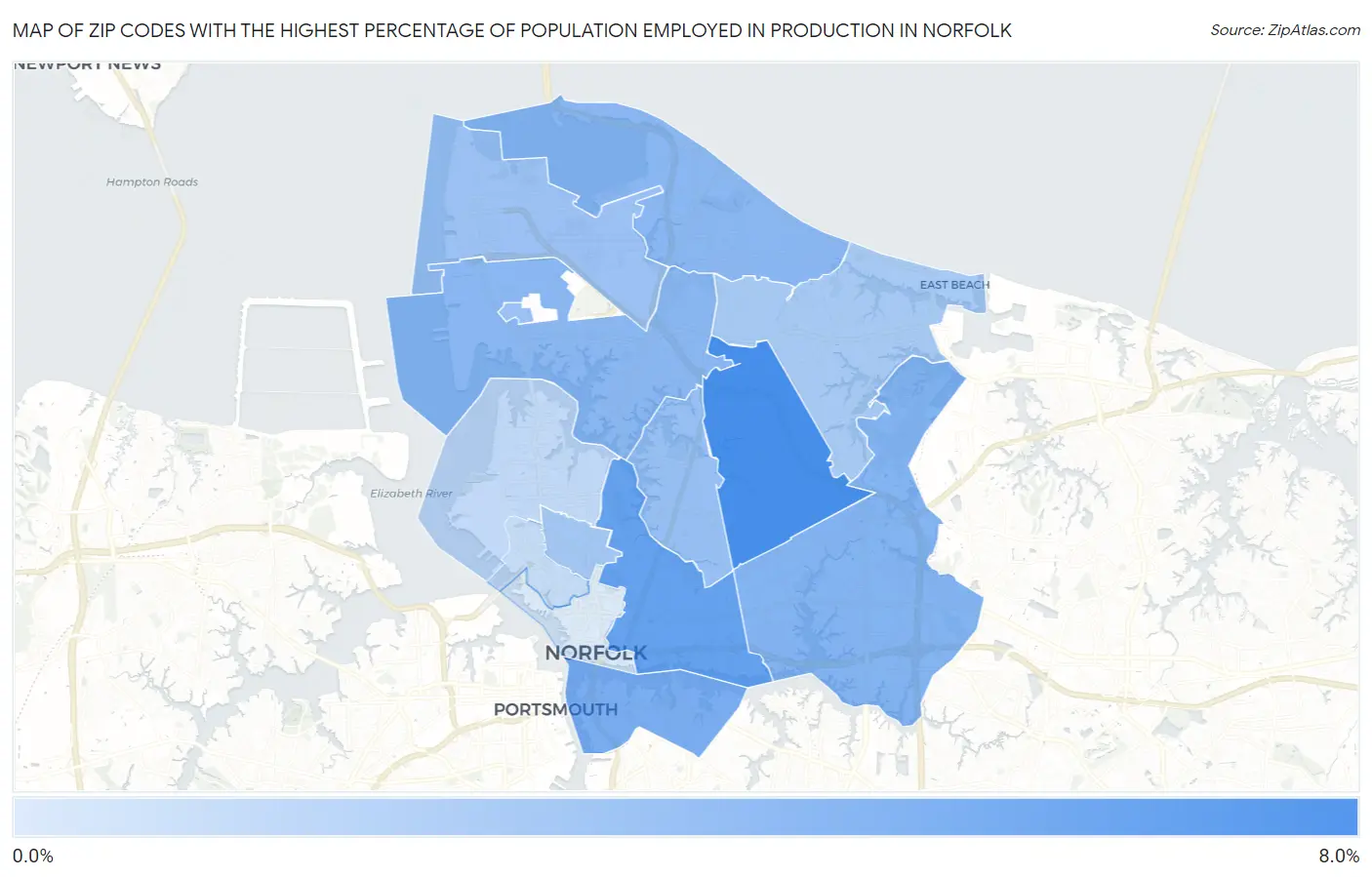 Zip Codes with the Highest Percentage of Population Employed in Production in Norfolk Map