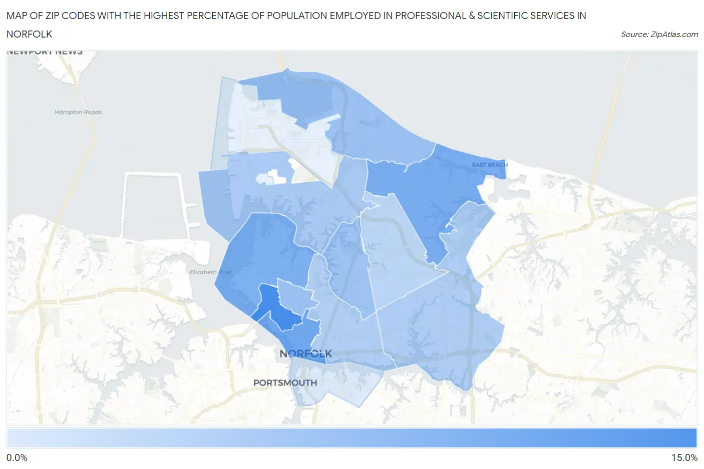 Zip Codes with the Highest Percentage of Population Employed in Professional & Scientific Services in Norfolk Map