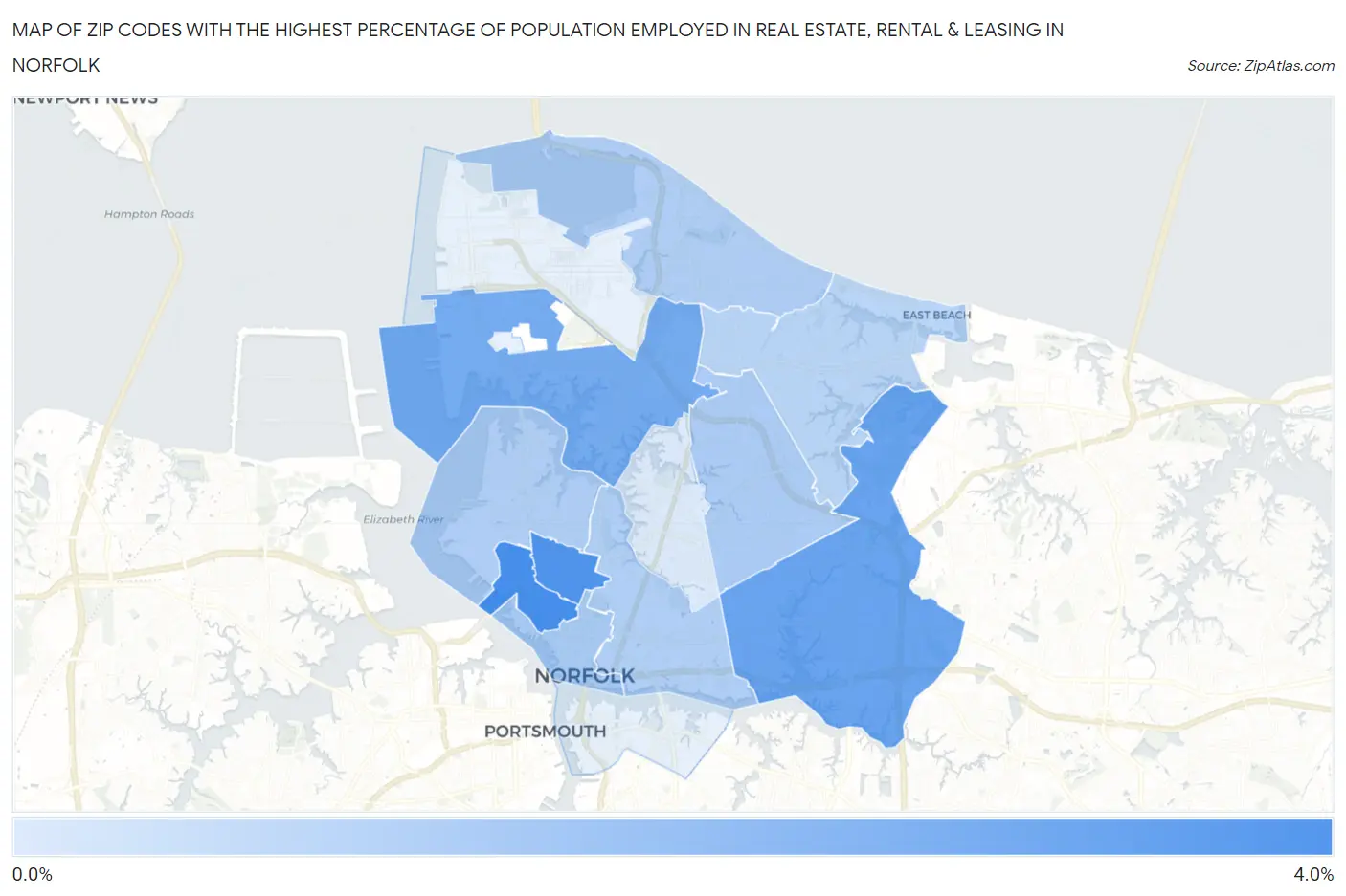 Zip Codes with the Highest Percentage of Population Employed in Real Estate, Rental & Leasing in Norfolk Map