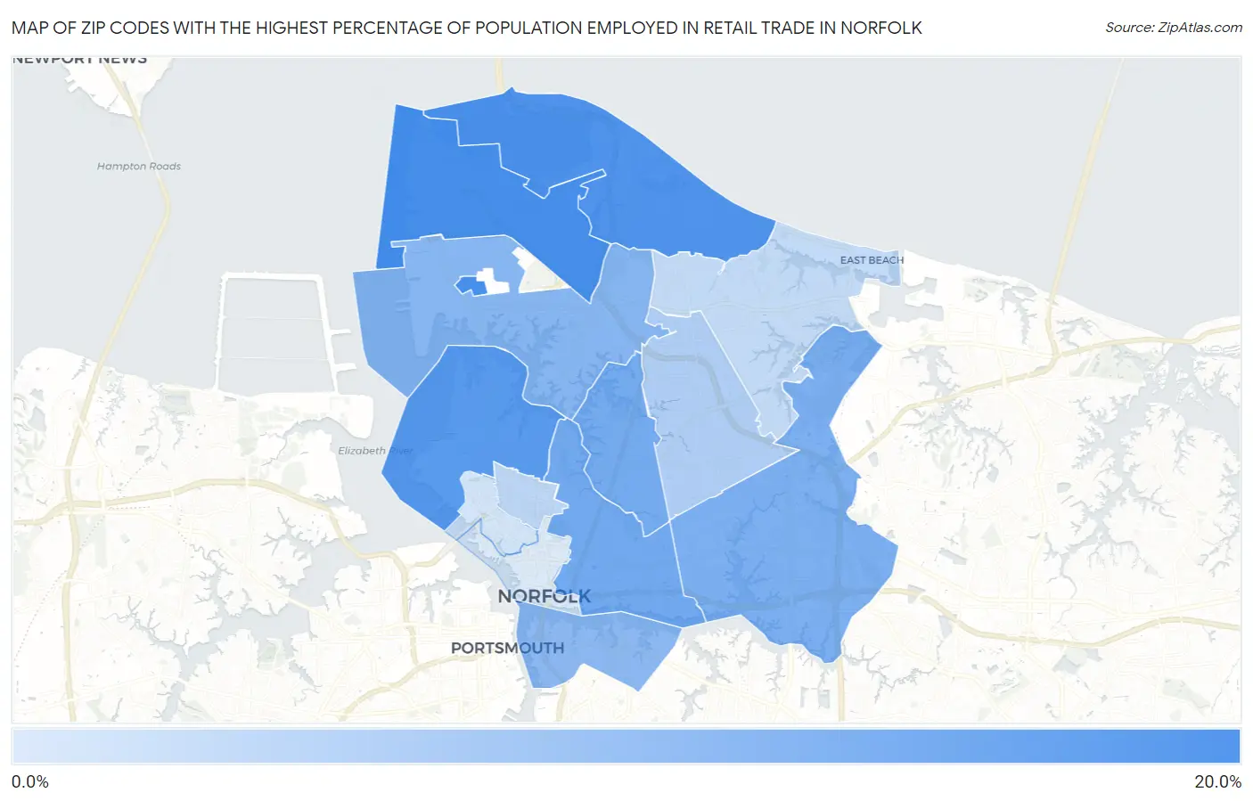 Zip Codes with the Highest Percentage of Population Employed in Retail Trade in Norfolk Map