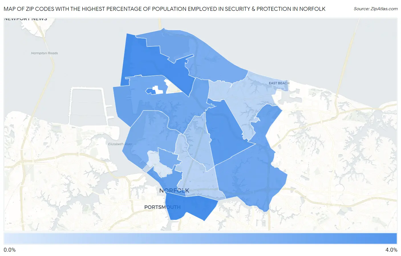 Zip Codes with the Highest Percentage of Population Employed in Security & Protection in Norfolk Map
