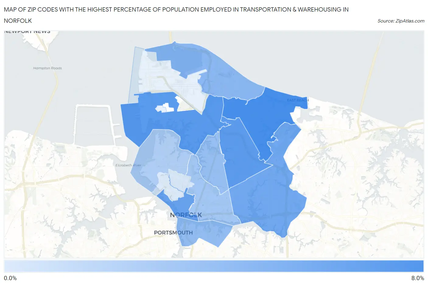 Zip Codes with the Highest Percentage of Population Employed in Transportation & Warehousing in Norfolk Map