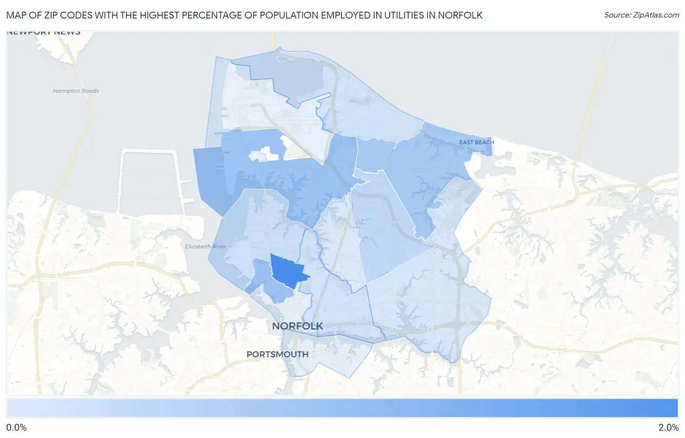 Zip Codes with the Highest Percentage of Population Employed in Utilities in Norfolk Map