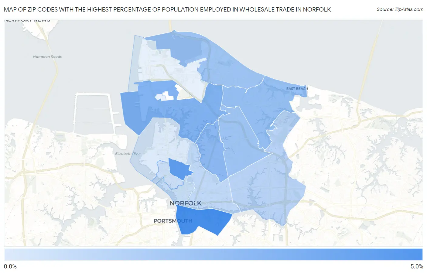 Zip Codes with the Highest Percentage of Population Employed in Wholesale Trade in Norfolk Map