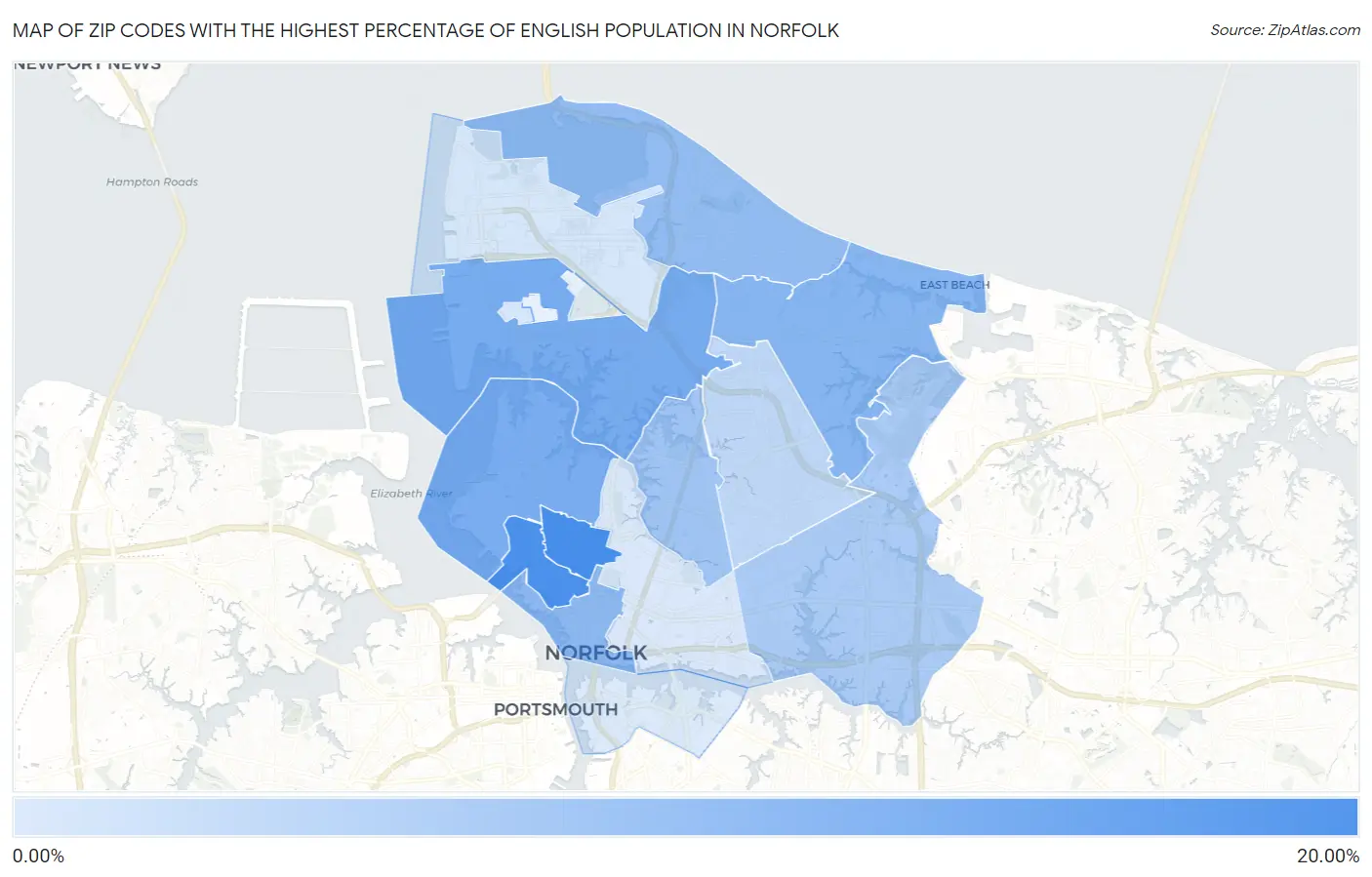 Zip Codes with the Highest Percentage of English Population in Norfolk Map
