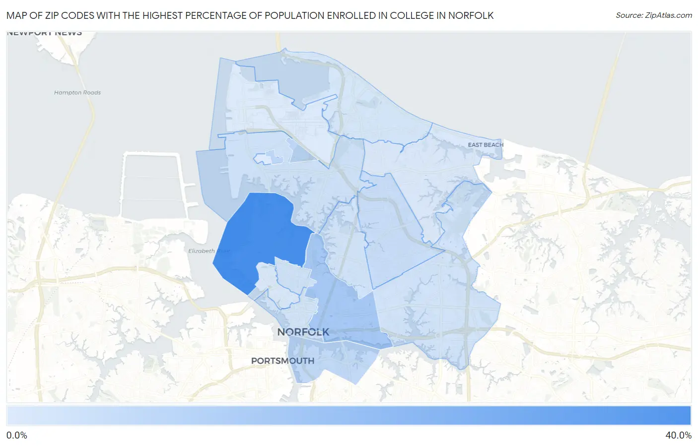 Zip Codes with the Highest Percentage of Population Enrolled in College in Norfolk Map